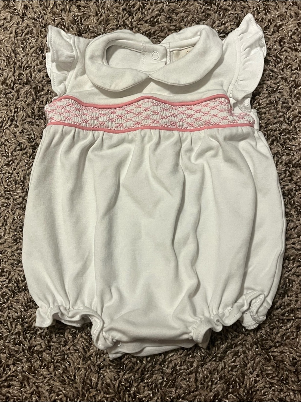 The Beaufort Bonnet Company White Baby Bubble Romper with Pink Trim